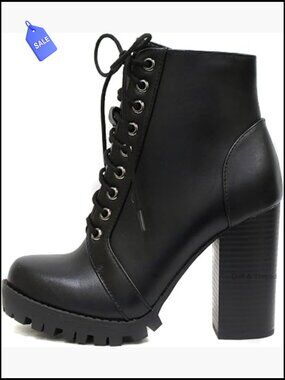 Fashion Lace Up Military Ankle Boot with Stacked Heel & Side Zipper